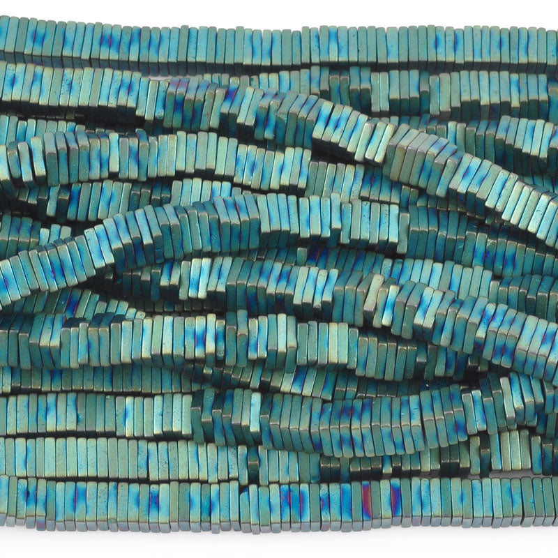 Gemstone-4mm Titanium Hematite-Flat Square-Teal Green