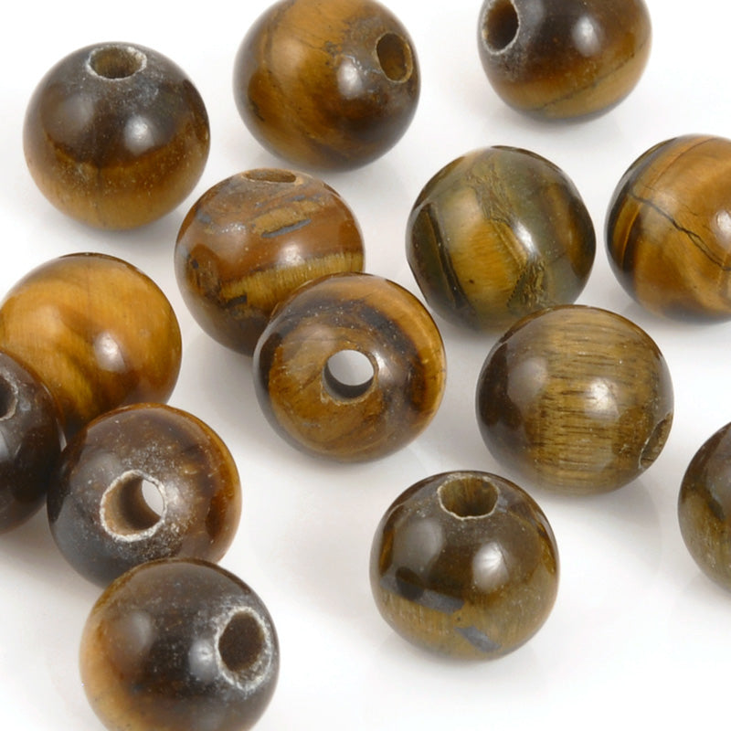Gemstone Beads-10mm Round Tiger's Eye-Large Hole-Quantity 5 Beads