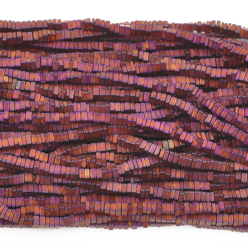 Gemstone-2mm Titanium Hematite-Flat Square-Matte Burgundy