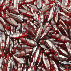 Czech Glass-5x16mm Dagger Bead-Red Chrome Stripes-Czech-Quantity 20