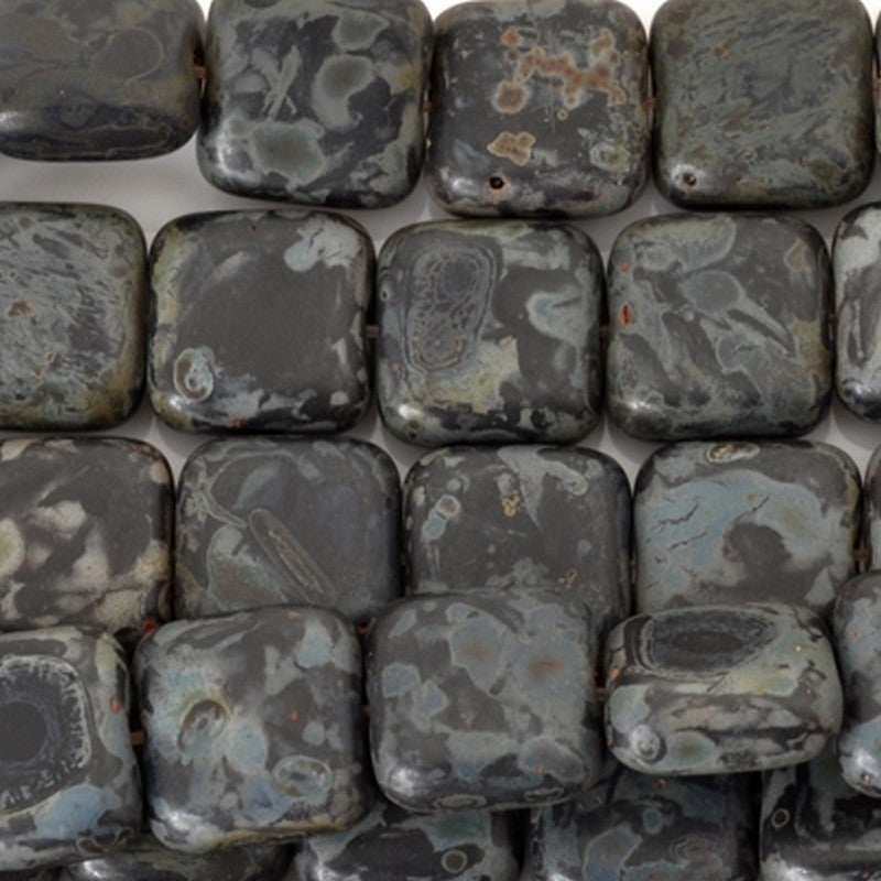 Glass-9mm Flat Square Bead-Matte Jet Picasso-Czech