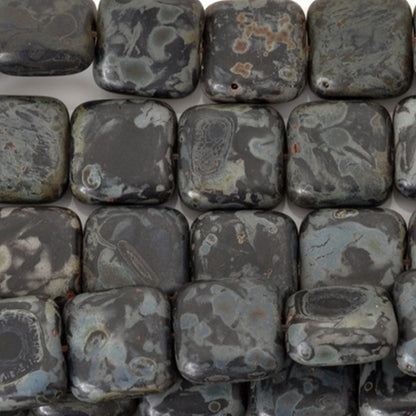 Glass-9mm Flat Square Bead-Matte Jet Picasso-Czech