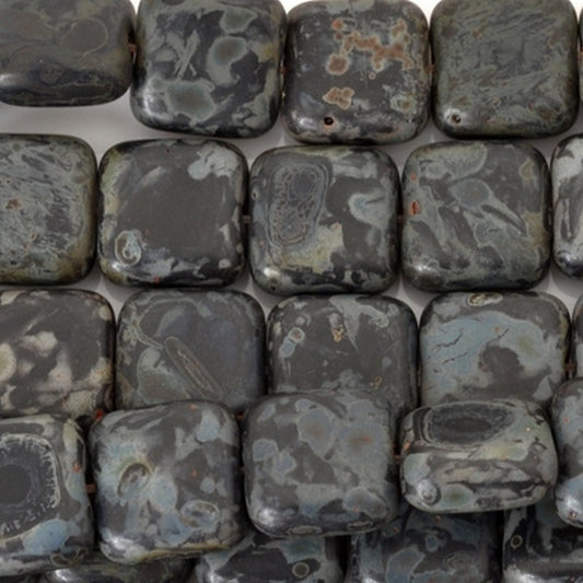 Glass-9mm Flat Square Bead-Matte Jet Picasso-Czech