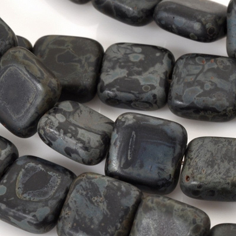 Glass-9mm Flat Square Bead-Matte Jet Picasso-Czech