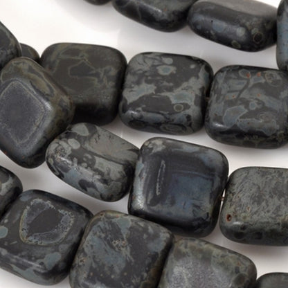 Glass-9mm Flat Square Bead-Matte Jet Picasso-Czech