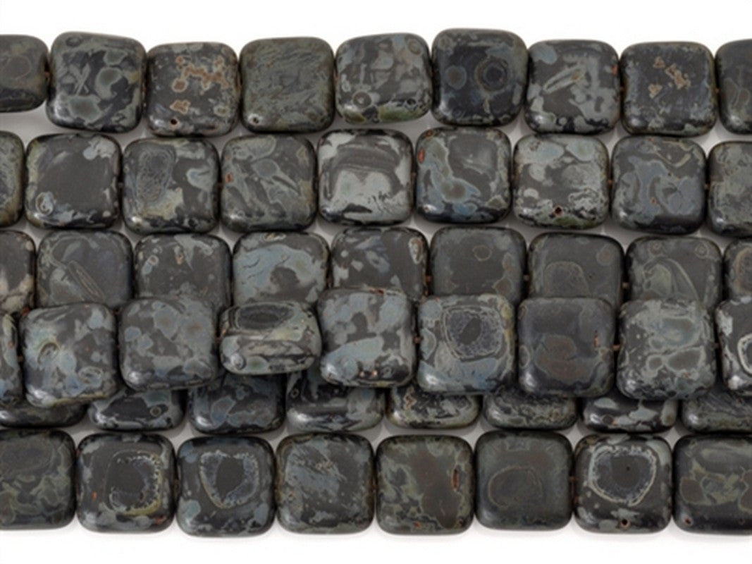 Glass-9mm Flat Square Bead-Matte Jet Picasso-Czech