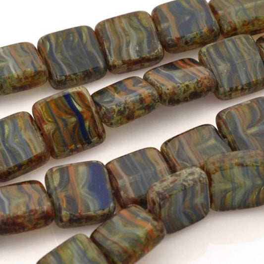 Glass-9mm Flat Square-Hurricane Glass-Blue Green Swirl-Czech-Quantity 25