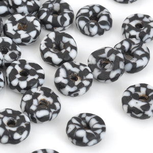 Glass Beads-11mm Powdered Rondelle Recycled-Ghana-Black and White-Quantity 5