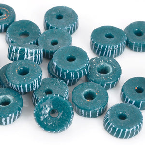 Glass Beads-14mm Powdered Rondelle Recycled-Ghana-Teal Stripe