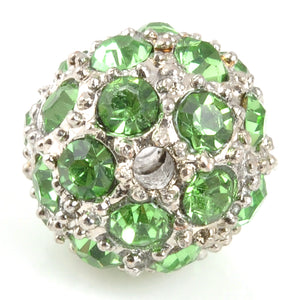 Metal Beads-12mm Round Cubic Zirconia Rhinestone Pave-Silver-Lime Green-Quantity 1