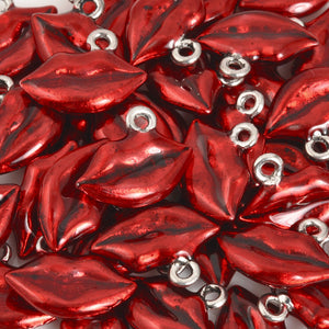 Pewter-13x15mm Red Hand Painted Lips Charm-Antique Silver-Quantity 1