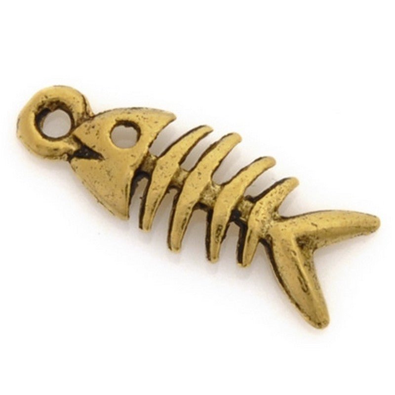 Pewter-17x7mm Fish Skeleton Charm-Antique Gold-Quantity 1