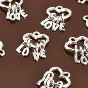 Pewter-19x15mm Pewter Heart Charm With Hanging Letters-L-O-V-E-Silver-Quantity 1