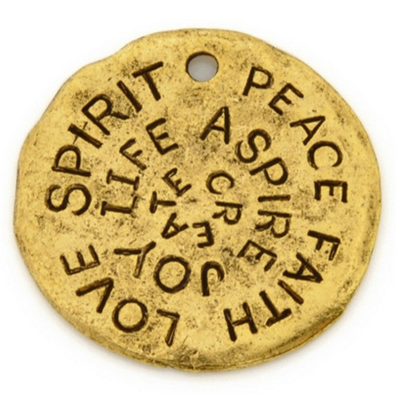 Pewter-23mm Disc-Love Spirit Peace Pendant-Antique Gold-Quantity 1