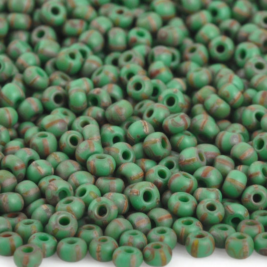 Seed Beads-11/0 Rocailles Aged-15 Green Yellow Stripe Travertine
