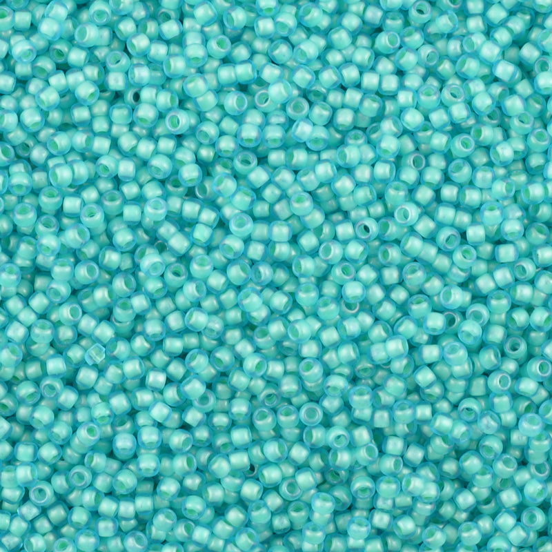 Seed Beads-11/0 Round-954F Inside-Color Frosted Aqua Light Jonquil Lined-Toho-16 Grams
