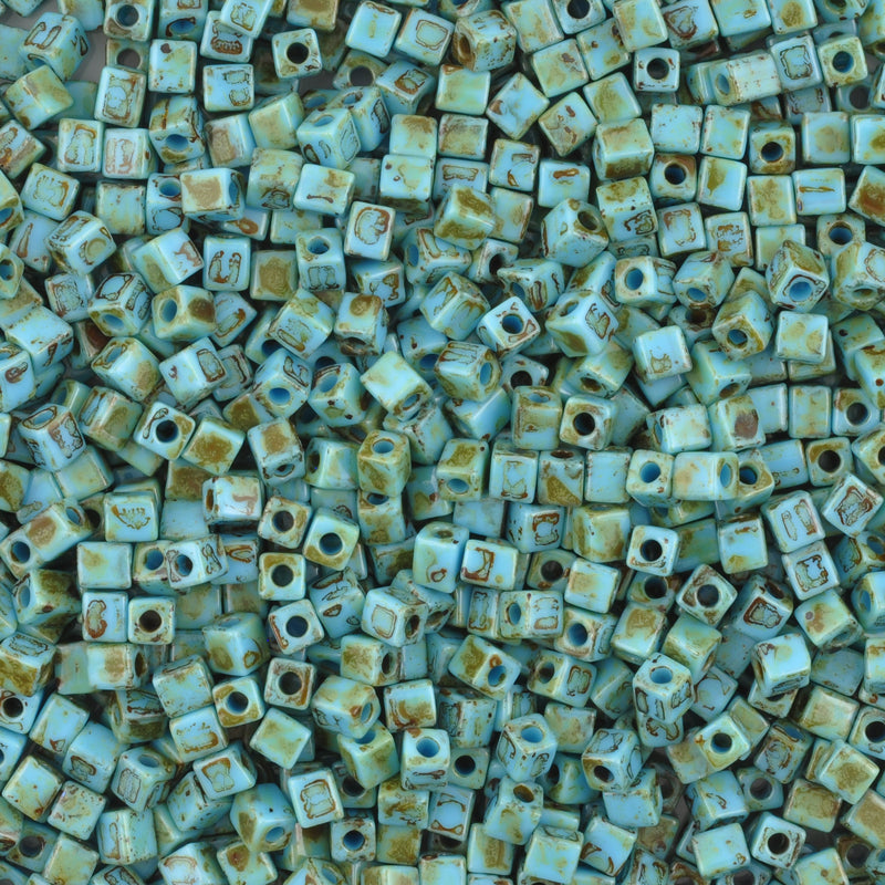 Seed Beads-4mm Cube-4514 Opaque Turquoise Picasso-Miyuki-Quantity 7 Grams