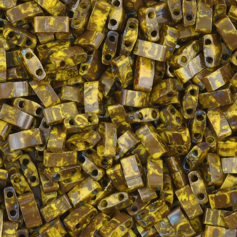 Seed Beads-5mm 1/2 Cut Tila-4519 Opaque Yellow Picasso-Miyuki-7 Grams