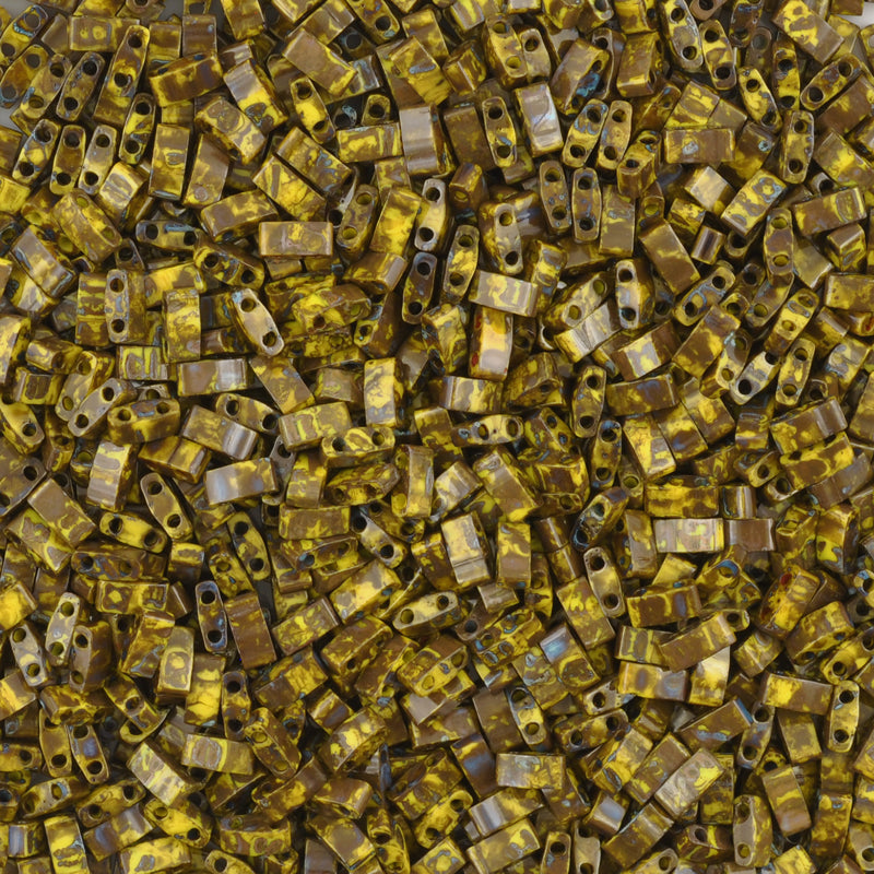 Seed Beads-5mm 1/2 Cut Tila-4519 Opaque Yellow Picasso-Miyuki-7 Grams