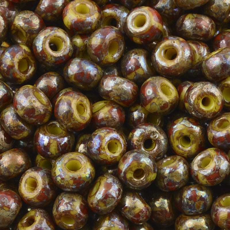 Seed Beads-6/0 Rocailles Aged Stripe-43 Yellow Patch Picasso-Czech-7 Grams
