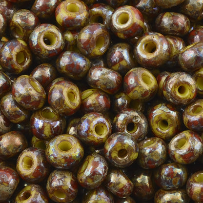 Seed Beads-6/0 Rocailles Aged Stripe-43 Yellow Patch Picasso-Czech-7 Grams