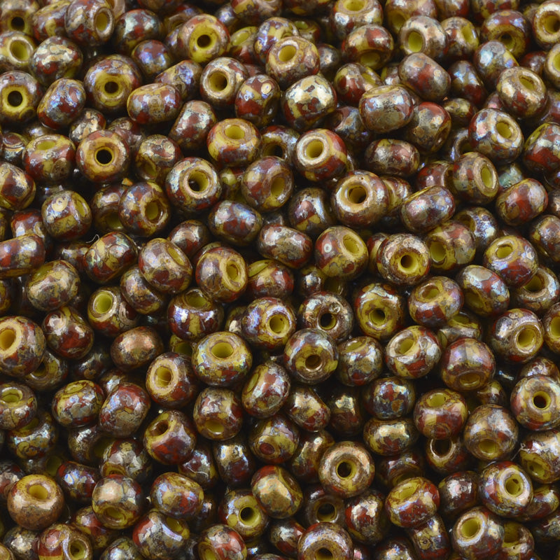 Seed Beads-6/0 Rocailles Aged Stripe-43 Yellow Patch Picasso-Czech-7 Grams