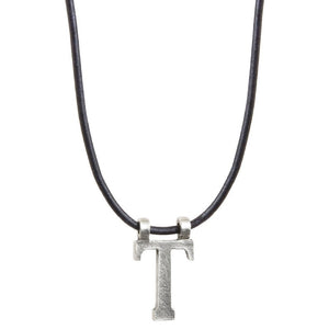 Simple-Letter T Antique Silver Pendant Natural Pacific Leather Necklace